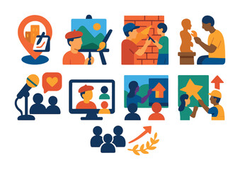 Flat vector icons of hosting art meetups: organizing urban sketching meetups badge, hosting outdoor painting sessions badge, setting collaborative mural projects badge, planning clay sculpting