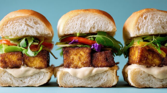 Tofu Slider Trio Gourmet Vegan Bites on Blue Backdrop.