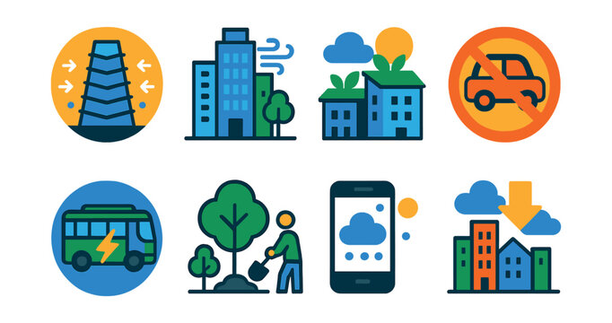 Flat vector icons of clean air innovations: air purification tower badge, anti-pollution city design, green roofs for clean air, car-free urban zone badge, electric public transport zone, urban tree