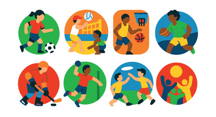 Flat vector icons of team sports dynamics: soccer training sessions badge, volleyball beach tournaments badge, basketball community games badge, rugby youth camps badge, hockey beginner classes badge