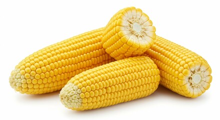Delicious Sweet Corn: Three Golden Ears of Freshly Harvested Corn on the Cob, Isolated on White Background, Perfect for Recipes and Culinary Designs
