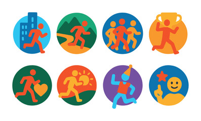 Flat vector icons of running clubs and communities: city running clubs badge, trail running meetups badge, beginner jogging groups badge, marathon preparation badge, charity run participation badge,