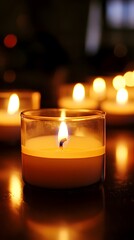 Burning Candles in Glass Jars, Warm Glow, Romantic Atmosphere, Peaceful Mood, Meditation, Relaxation, Soft Light, Hygge, Cozy, Tranquil Scene