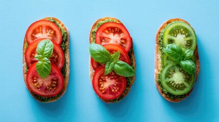 Bruschetta Trio Red with Green Tomatoes on Pesto Toast on Blue.