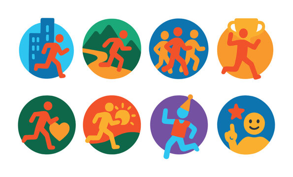 Flat vector icons of running clubs and communities: city running clubs badge, trail running meetups badge, beginner jogging groups badge, marathon preparation badge, charity run participation badge,