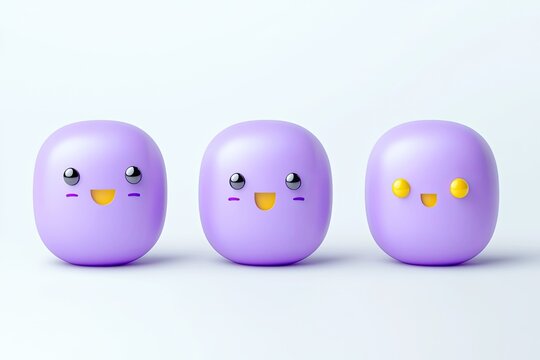Three happy, pastel purple, round characters