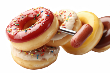Delicious glazed donuts with sprinkles and a hot dog on a stick red eat on transparent background