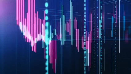 Glowing pink and blue digital financial chart with binary code streams on a dark, futuristic data visualization background - Powered by Adobe