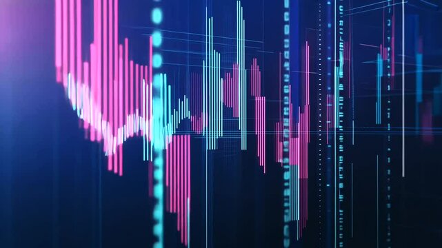 Glowing pink and blue digital financial chart with binary code streams on a dark, futuristic data visualization background