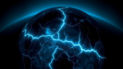 Electrifying Abstract Background: Neon Blue Lightning and Energy Cracks Amidst Dark Stormy Skies