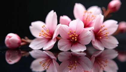 Naklejka premium Delicate pink cherry blossoms on glossy surface. Floral still life with reflections on black background. Petals, bloom, floral zen arrangement, tranquil, serene, beauty, calming, freshness, nature,