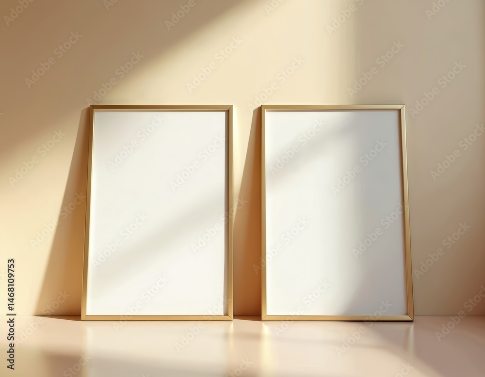 Poster minimal poster frames mockup on pastel floor with shadow. gold frames lean against wall. white blank