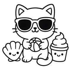 Naklejka premium Kawaii Summer Cat Coloring Page with Sunglasses, Beach Ball, and Ice Cream, perfect for summer-themed kids’ coloring books and printables