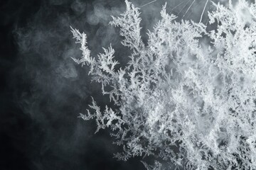 Intricate frost patterns on a dark background, resembling icy branches against a smoky haze.
