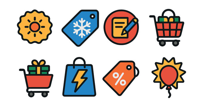 Flat vector icons of seasonal sales and promotions: summer sale badge, winter clearance tag, back to school discount icon, holiday shopping cart, Black Friday price drop, Cyber Monday flash deal, end