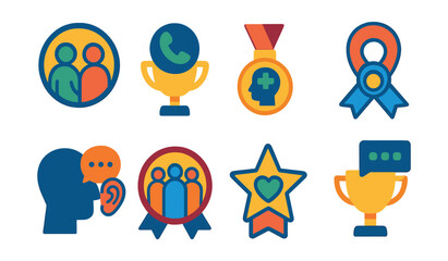 Flat vector icons of mental health support: peer counseling badge, emotional support hotline trophy, crisis intervention team medal, group therapy circle ribbon, supportive listening icon, self-help