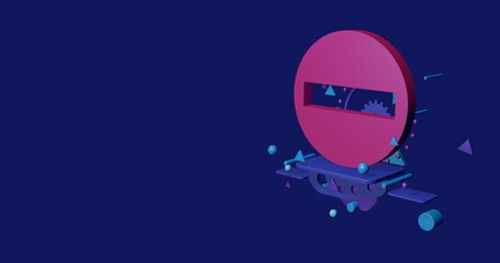 Naklejka premium Pink no entry road sign on a pedestal of abstract geometric shapes floating in the air. Abstract concept art with flying shapes on the right. 3d illustration on indigo background