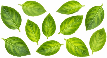 Fototapeta premium Vibrant Green Basil Leaves: Fresh, Aromatic, Culinary Herb Isolated on White Background - Perfect for Food, Health, and Nature Designs
