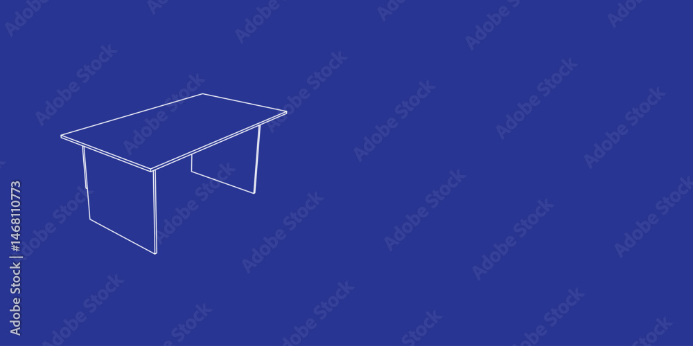 Poster the outline of a large table made of white lines on the left. 3d view of the object in perspective. 