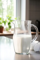 Glass jug pitcher of fresh milk isolated on white background