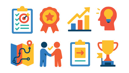 Flat vector icons of coaching goals and milestones: SMART goals setting icon, milestone celebration badge, progress tracking chart, breakthrough session moment, success roadmap planner,