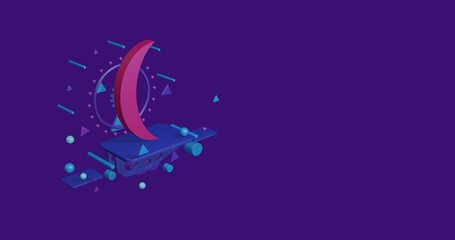 Pink crescent symbol on a pedestal of abstract geometric shapes floating in the air. Abstract concept art with flying shapes on the left. 3d illustration on deep purple background