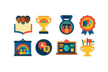 Flat vector icons of diversity in education: multicultural book badge, heritage celebration trophy, global classroom map medal, bilingual learning materials ribbon, inclusive classroom decor icon,