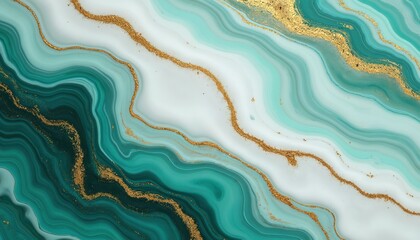 Fototapeta premium Abstract marble background with green white, gold colors. Liquid texture with golden veins, creating luxurious design. Modern style for banners, posters, covers, wallpaper wall decoration. Trendy