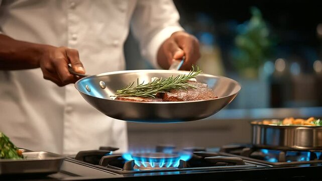 A chef preparing a meal with premium cookware in the kitchen