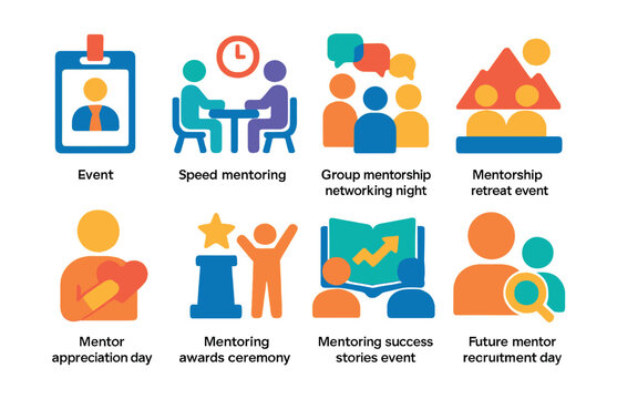 Flat vector icons of mentorship event planning: mentorship conference badge, speed mentoring event, group mentorship networking night, mentorship retreat event, mentor appreciation day icon,