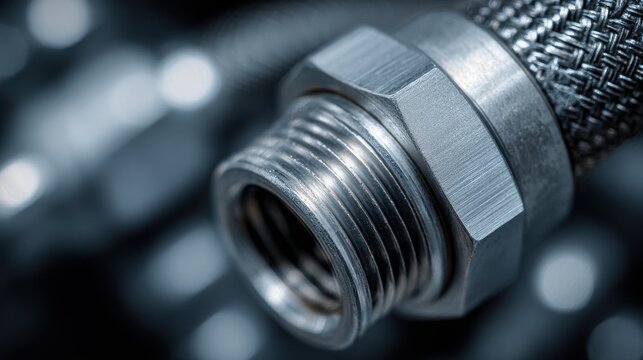 A stunning image of hydraulic mechanism connection with metal braided hose and threaded fitting for secure fluid transfer in industrial and mechanical applications.