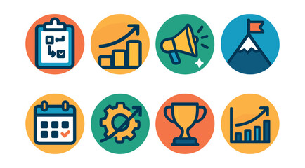 Flat vector icons of anti-procrastination habits: creating action plans badge, breaking big tasks into small steps badge, using motivational tools badge, visualizing project completions badge,