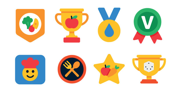 Flat vector icons of nutrition and diet apps: balanced meal planner badge, healthy snack ideas trophy, hydration reminder medal, vitamins and minerals tracker ribbon, teen-friendly recipes app icon,