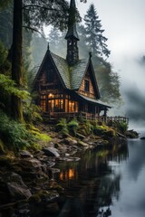 Cabin lakeside misty forest