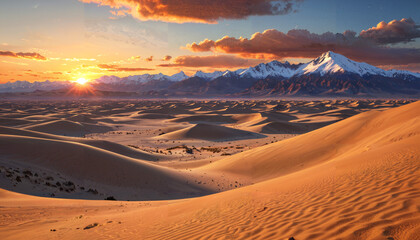 Paysage d&eacute;sertique aux couleurs ocre et beige sous un ciel nuageux avec des montagnes en arri&egrave;re-plan.