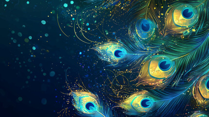 Obraz premium Luxurious vector layout with vibrant peacock feathers on deep blue festive background for copy space