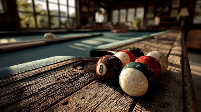 Billiards balls on rustic wooden table