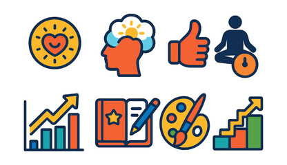 Flat vector icons of mental fitness practices: positive mindset badge, visualization exercise icon, self-encouragement message, meditation timer, deep focus chart, motivational journal, creative