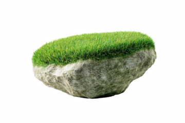 Isolated small grassy rock island floating in space 3d render art atop on transparent background