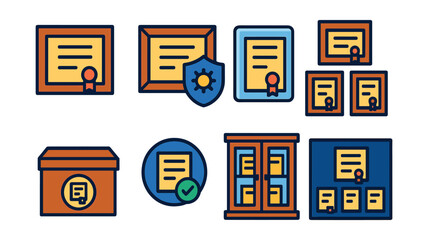 Flat vector icons of diploma framing and preservation: diploma frame and matting icon, UV-protected diploma frame, diploma preservation sleeve, framed diploma wall arrangement, diploma storage box