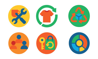 Flat vector icons of circular economy principles: repair cafe icon, upcycled product badge, product life extension chart, material reuse symbol, sharing economy platform, rental instead of ownership
