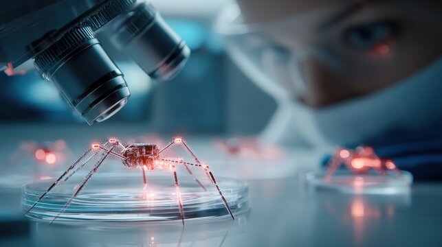 Scientist examining bio-robot spider in lab