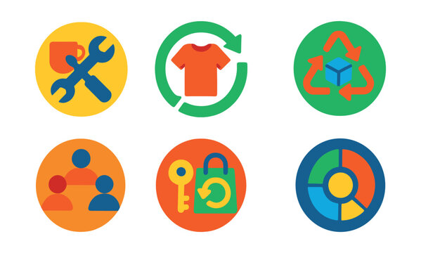 Flat vector icons of circular economy principles: repair cafe icon, upcycled product badge, product life extension chart, material reuse symbol, sharing economy platform, rental instead of ownership