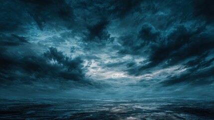 A stunning image of horror black blue sky, sea haunted cloud, scary ocean, depression background, mystery gloomy dark theme, blur texture.