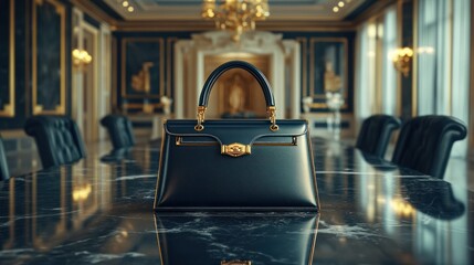 Luxurious handbag on conference table in opulent hall