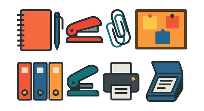 Flat vector icons of office supplies and stationery: notebook and pen icon, stapler device, paper clip stack, sticky notes board, filing folders, paper puncher tool, printer icon, document scanner