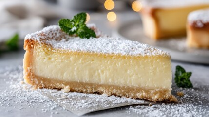 Creamy Cheesecake Slice Delight Powdered Sugar  Mint Perfection.