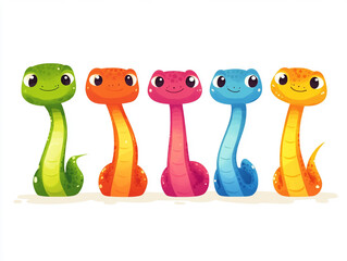 Minimal abstract cartoon illustration of five small snakes, each with a round and cute head, their bodies standing upright in unison, curiously looking to the left front