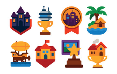 Flat vector icons of themed virtual worlds: horror mansion badge, sci-fi base station trophy, cyberpunk district medal, jungle survival island ribbon, steampunk airship dock icon, school simulation