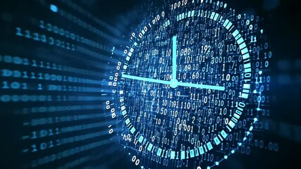 Digital clock face emerges from glowing blue binary code, hands ticking, symbolizing time's passage in the information age. Data flows - Powered by Adobe